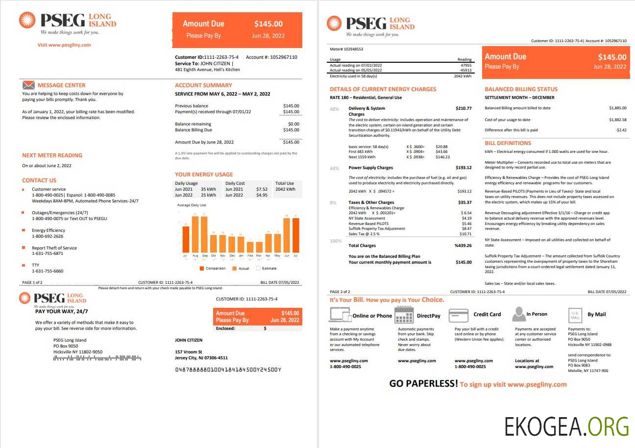 USA New Jersey PSEG electricity utility bill template in Word and PDF format, 2 pages